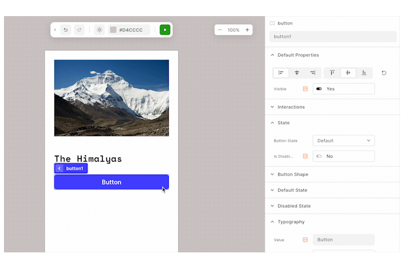A GIF showing how to use the 'Button State' toggle in the properties panel to preview the disabled state.